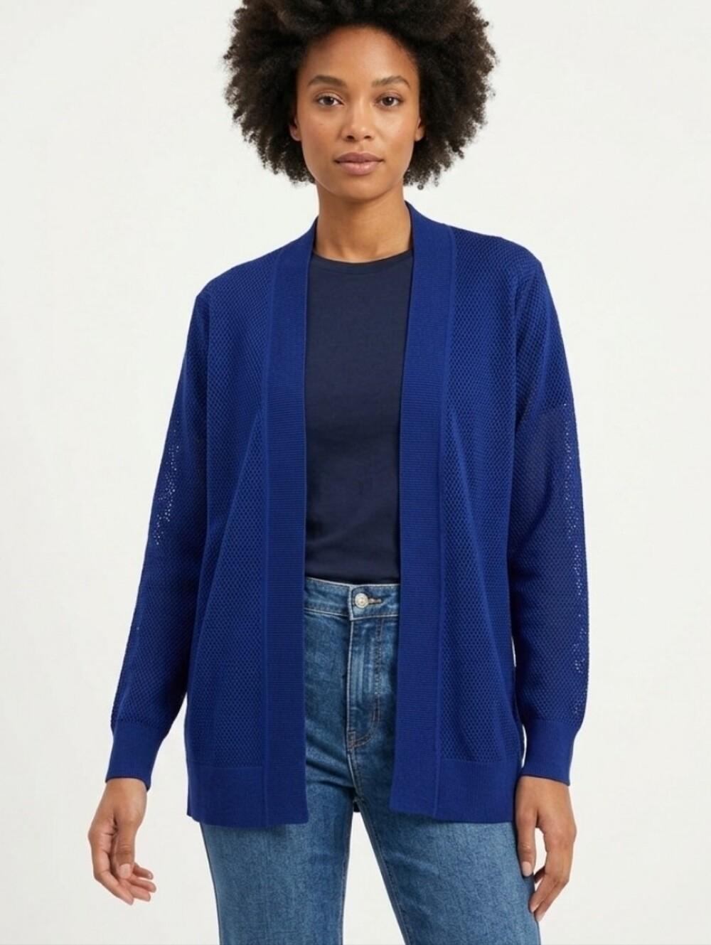 Faith & Zoe Loyal Navy Blue Open Front Mesh Knit Cardigan Sweater Size Medium